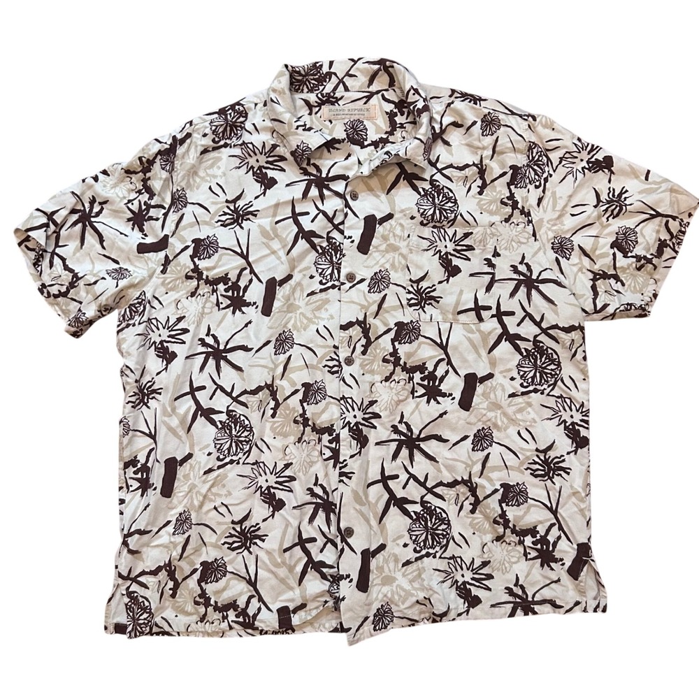 Island Republic Button Up Mens Cream Brown Floral Silk Blend Shirt XXL